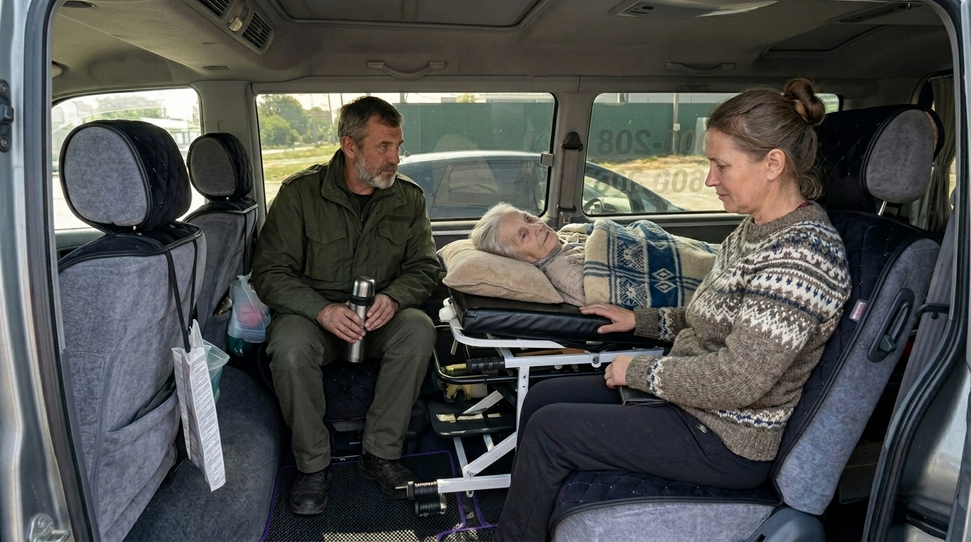 Салон: пациент на каталке с сопровождающими